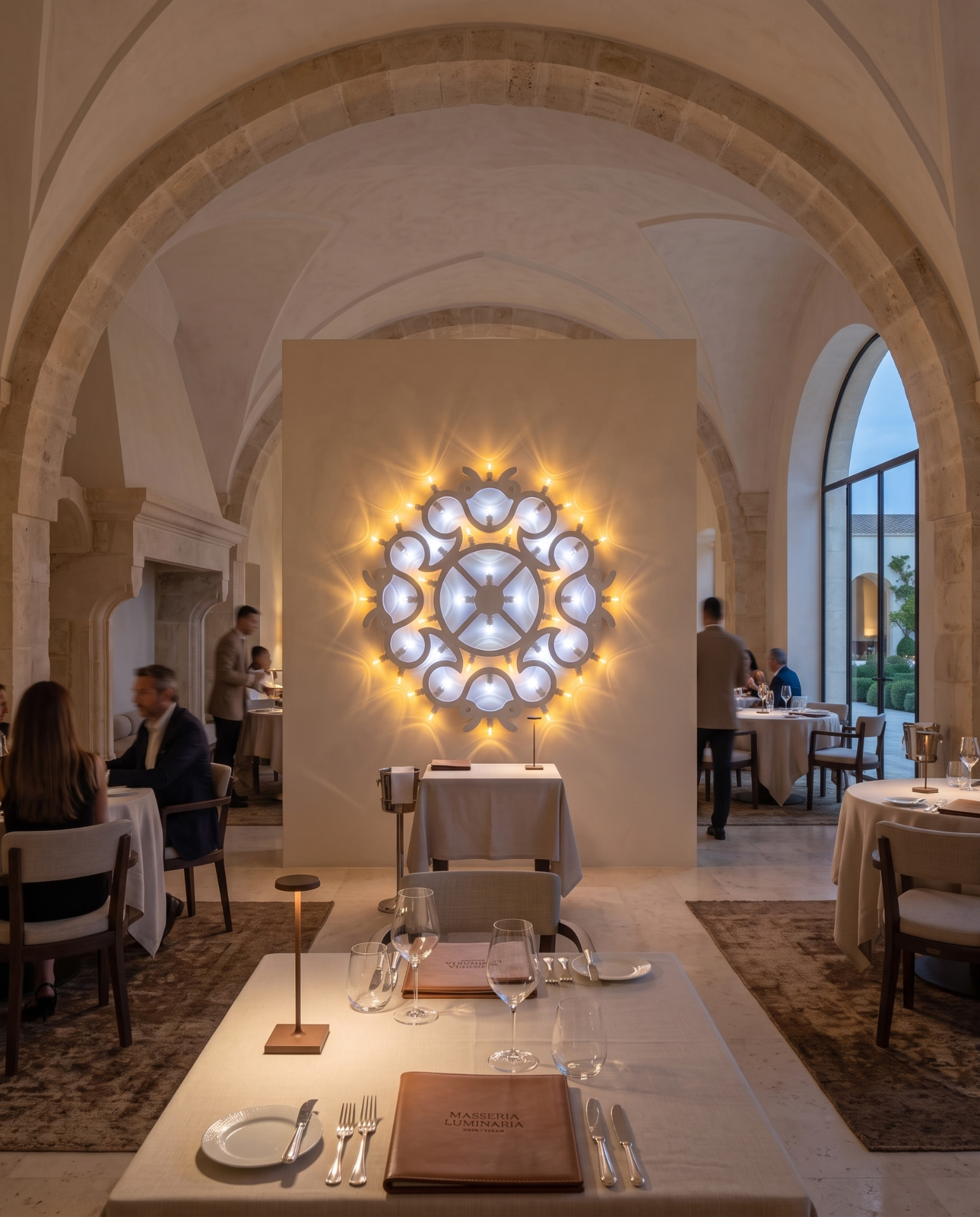 Rosone illuminating a fine dining restaurant with stone arches