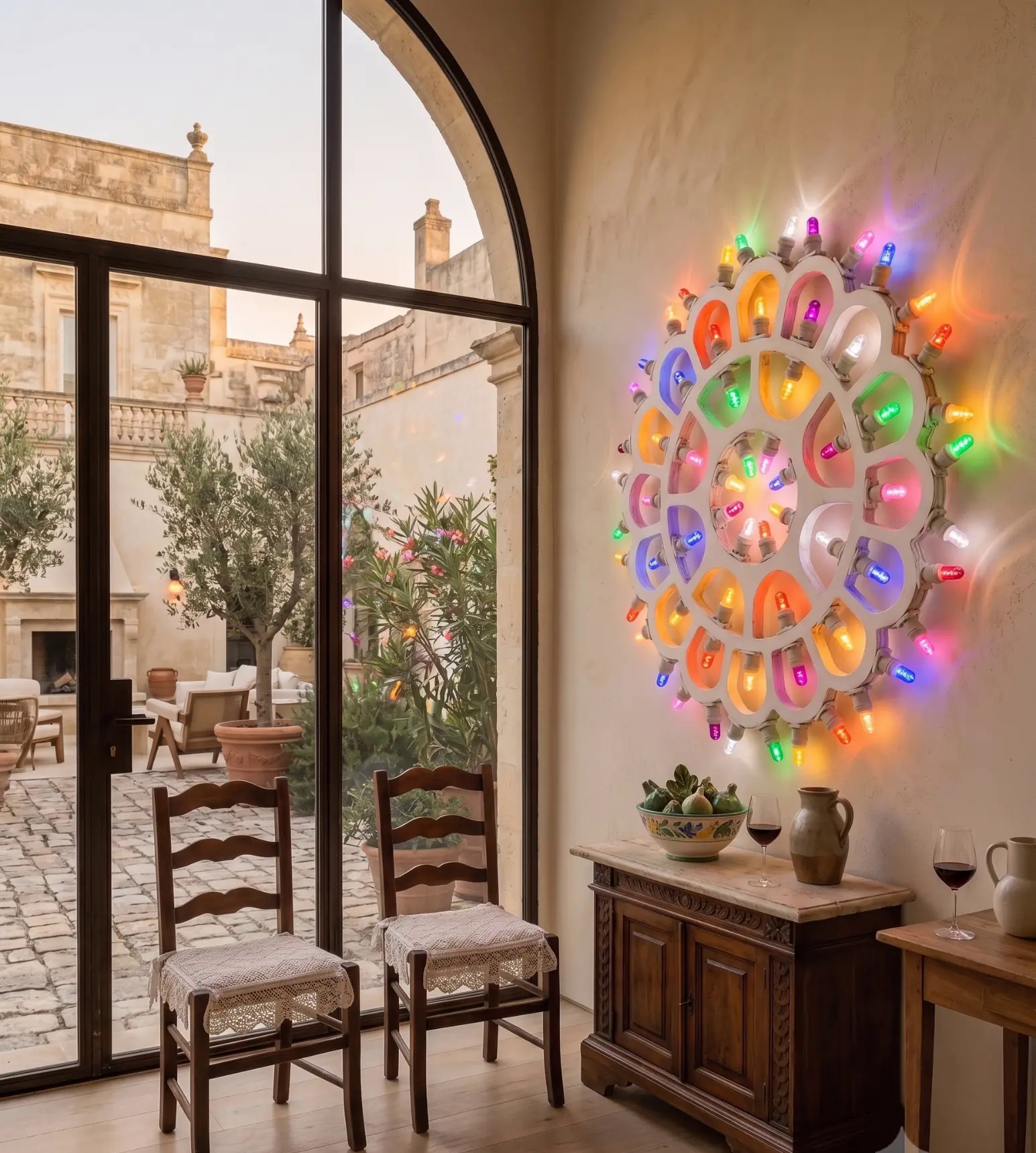 Rosone colorato illuminating a Mediterranean interior with arched window